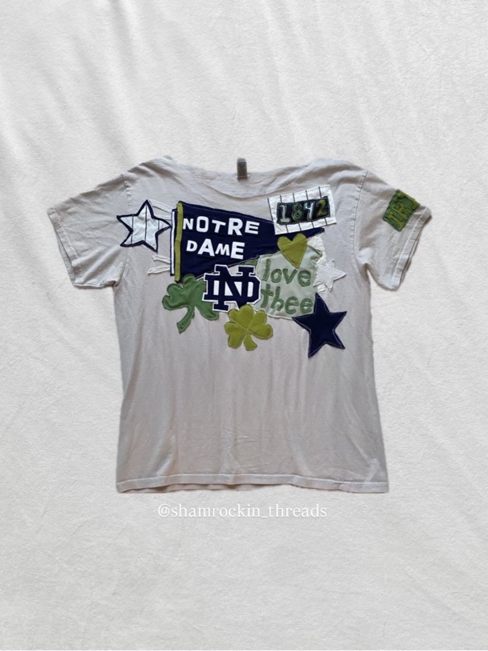 University of notre dame patchwork upcycled off the shoulder tee